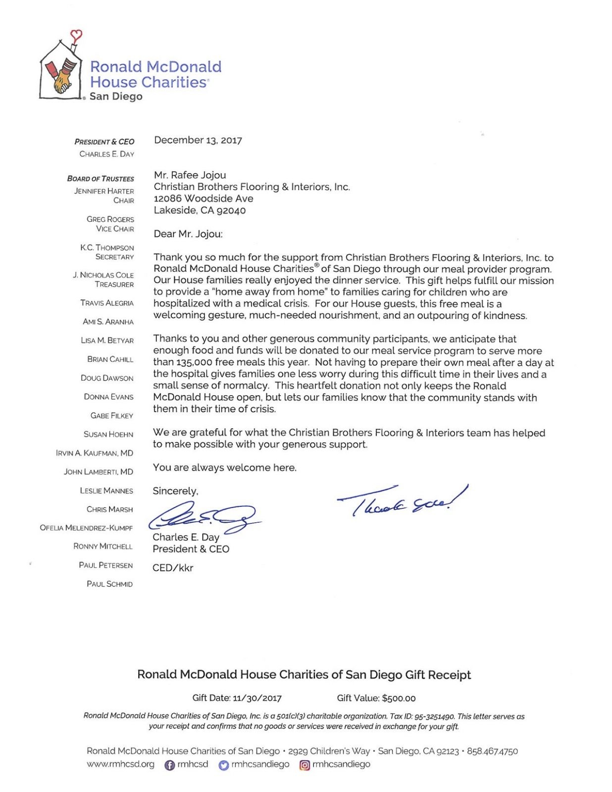 thank_you_letter Thank you Letter | Christian Brothers Flooring & Interiors.